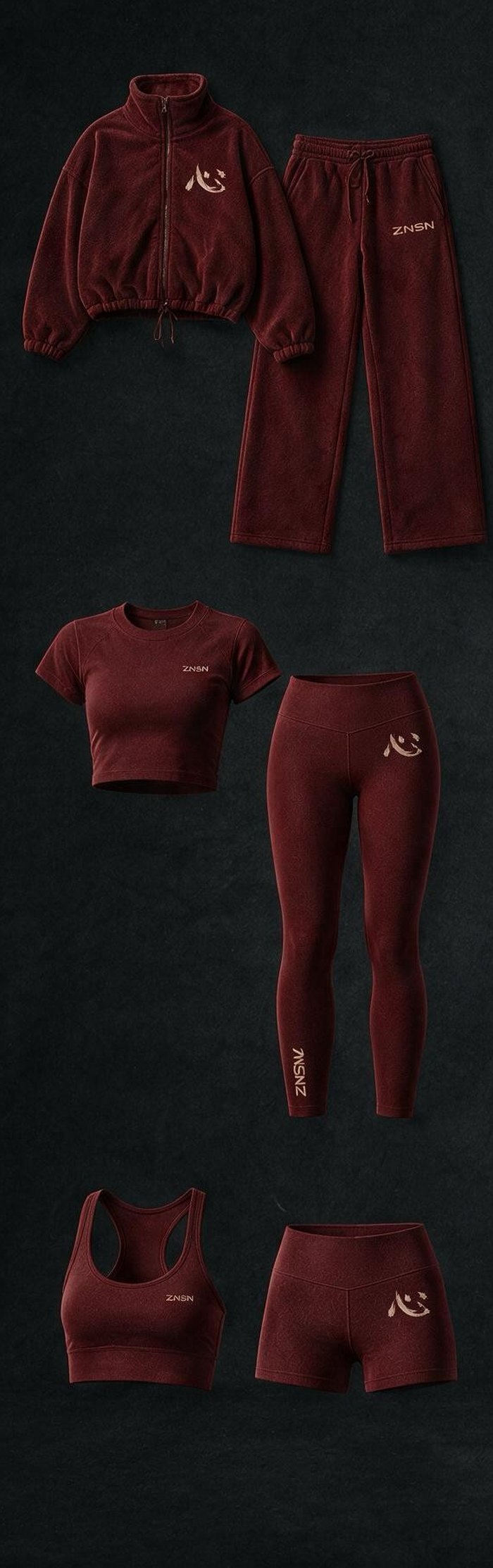 Blood Burgundy: Fleecejacke und Jogginghose, Cropped Tee und Leggings, Bustier und Shorts