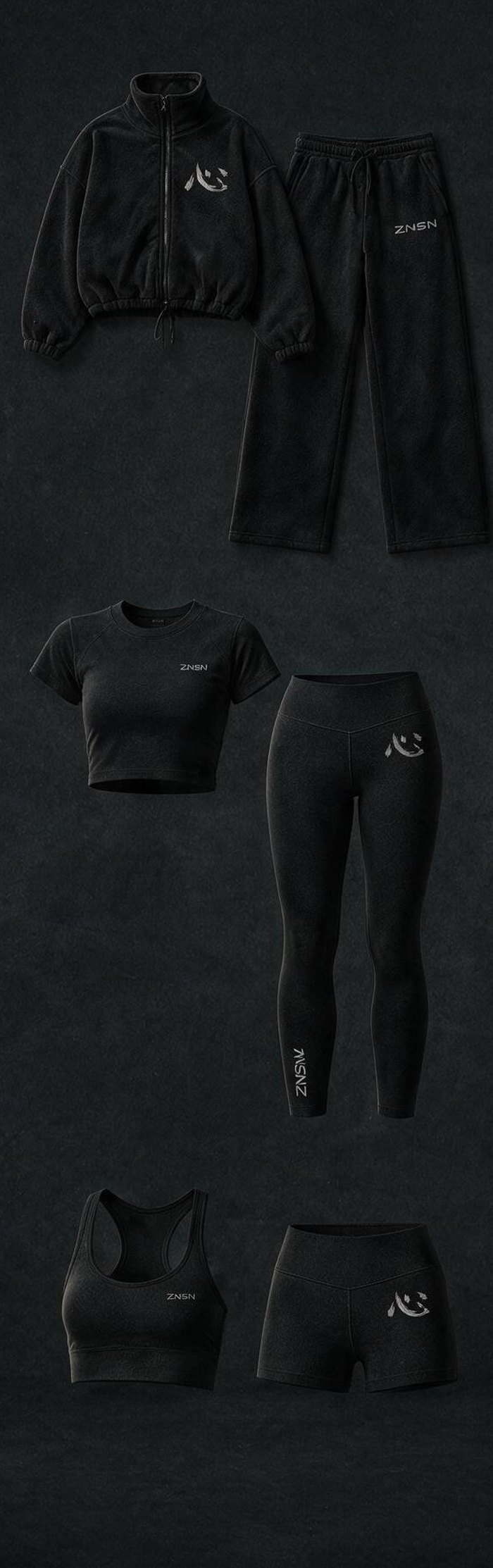 Obsidian Wash: Fleecejacke und Jogginghose, Cropped Tee und Leggings, Bustier und Shorts